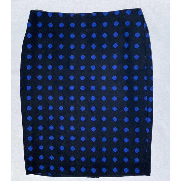 Talbots 12P Petites Pencil Skirt Black Blue Polka Dot Wool Blend Career Dress - Picture 1 of 4